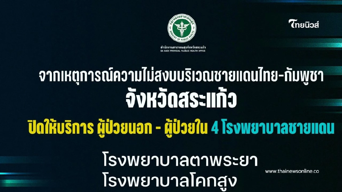 ประกาศปิดให้บริการ 4 โรงพยาบาลชายแดน จ.สระแก้ว (เป็นการชั่วคราว) ประกาศปิดให้บริการ 4 โรงพยาบาลชายแดน จ.สระแก้ว (เป็นการชั่วคราว)