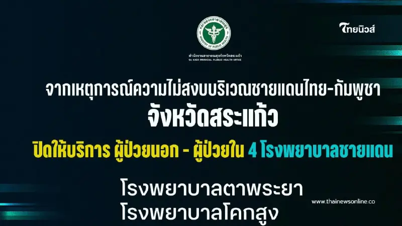 ประกาศปิดให้บริการ 4 โรงพยาบาลชายแดน จ.สระแก้ว (เป็นการชั่วคราว) ประกาศปิดให้บริการ 4 โรงพยาบาลชายแดน จ.สระแก้ว (เป็นการชั่วคราว)