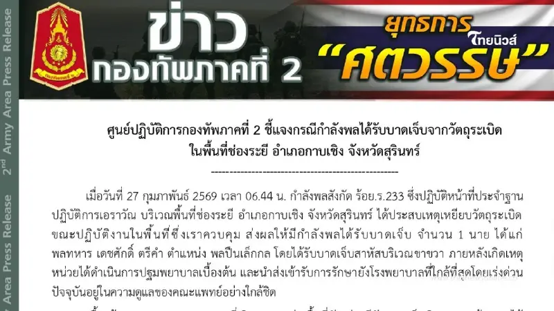 กองทัพภาคที่ 2 ชี้แจงกรณีกำลังพลได้รับบาดเจ็บจากวัตถุระเบิด