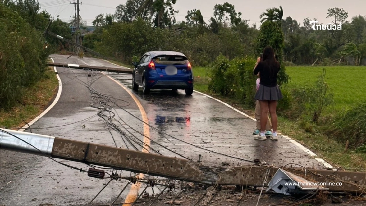 รอดปาฏิหาริย์ เสาไฟทับเก๋งพังยับ คอหวยแห่ส่องเลขทะเบียนลุ้นโชค