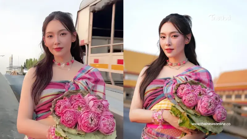 เบลล่า ราณี ถือดอกบัวโชว์ลุคหวาน ชุดผ้าขาวม้าสะกดทุกสายตา