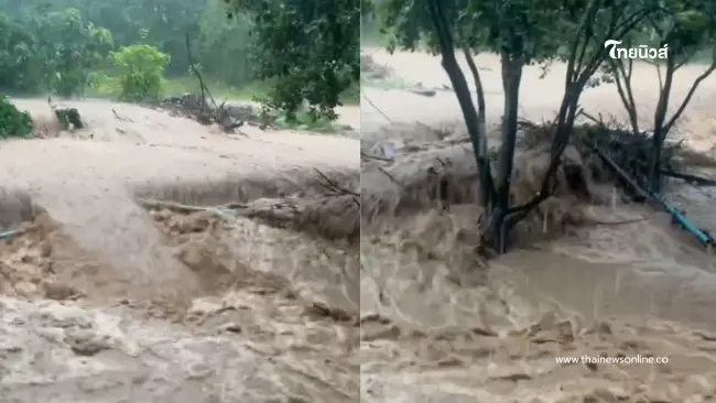น้ำป่าทะลักตัดขาดเชียงของ ท่วมมิดถนนรถเล็กผ่านไม่ได้