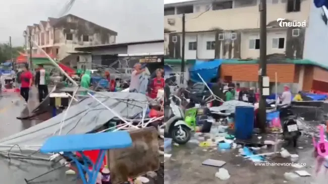 วินาทีระทึก! พายุหมุนพัดถล่มตลาดกระบี่ แผงแม่ค้าปลิวว่อนพังราบ