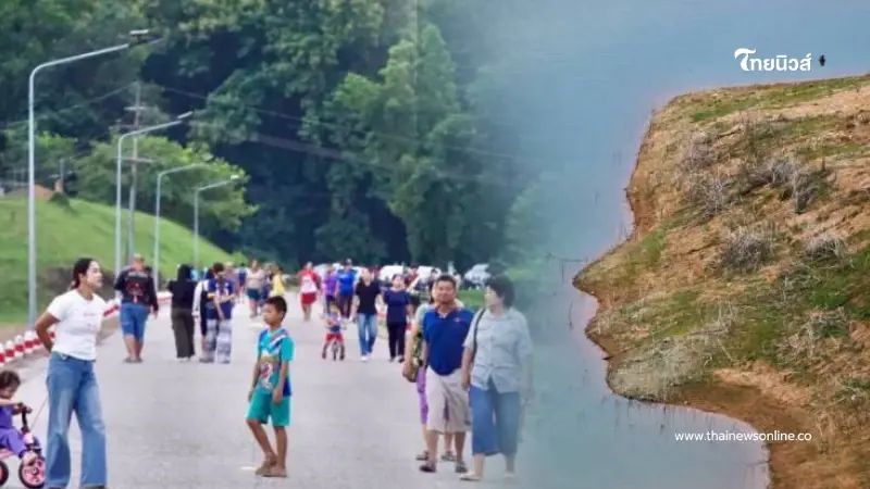 แห่ชมความแปลกตา น้ำลดในรอบ 50 ปี เผย "ใบหน้าสาวงาม" เขื่อนดินช่องเขาขาด