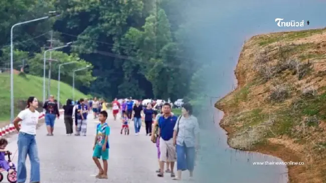 แห่ชมความแปลกตา น้ำลดในรอบ 50 ปี เผย "ใบหน้าสาวงาม" เขื่อนดินช่องเขาขาด