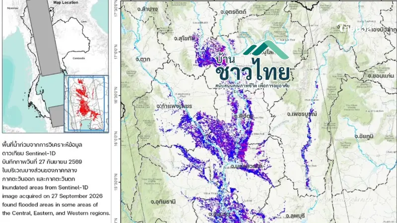 GISTDA เปิดภาพดาวเทียม Sentinel-1D พบพื้นที่น้ำท่วมขังใน 29 จังหวัด กว่า 1.6 ล้านไร่